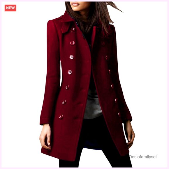 Wool Blend Pea Coat Double Breasted Trench Elegant Classic Winter Outerwear
